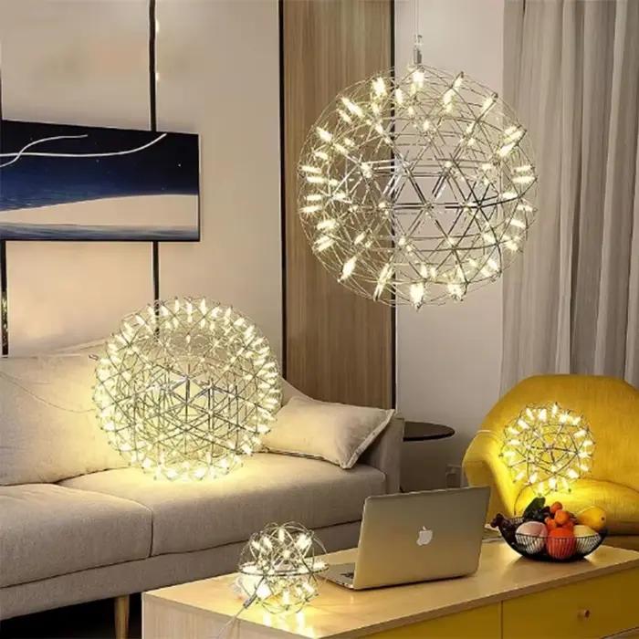 Moderne bref Loft étincelle boule LED lumières Lustre luminaire feu d'artifice en acier inoxydable hall