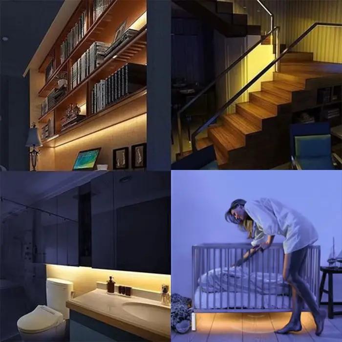 Bande lumineuse LED avec détecteur de mouvement 0,5m 1m 2m 3m, éclairage LED pour placard, alimenté par piles, applique murale pour TV, lits, escaliers, armoires, décoration intérieure