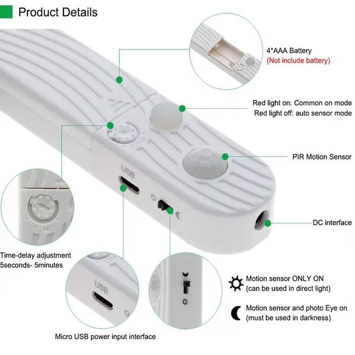 Bande lumineuse LED avec détecteur de mouvement 0,5m 1m 2m 3m, éclairage LED pour placard, alimenté par piles, applique murale pour TV, lits, escaliers, armoires, décoration intérieure
