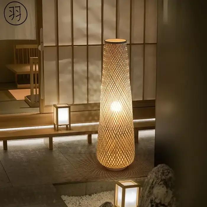 Lampadaire de compilation en bambou et bois, style japonais, source de lumière LED pour salon, chambre à coucher et canapé