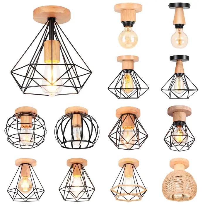 LED E27 plafonniers Vintage industriel bois plafonnier pour cuisine salon Bar Restaurant fil Cage abat-jour éclairage