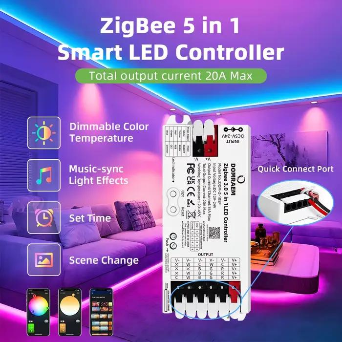 Contrôleur LED intelligent DOMRAEM Zigbee 3.0 5 en 1 DIMMER WW/CW RGB RGBWCCT pour bandes LED, compatible avec les hubs 3.0 (Hu*e/Echo Plus, etc.) )Alexa/APP