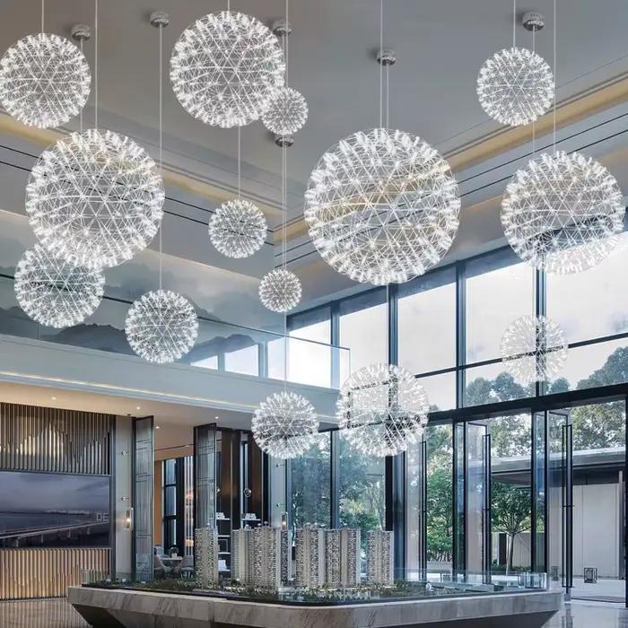 Moderne bref Loft étincelle boule LED lumières Lustre luminaire feu d'artifice en acier inoxydable hall