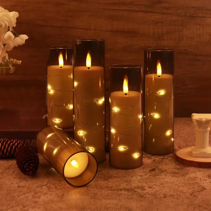 Bougies pilier LED sans flamme vacillantes avec télécommande et chaîne étoile intégrée pour souhaiter mariage, fête de noël, décoration de la maison