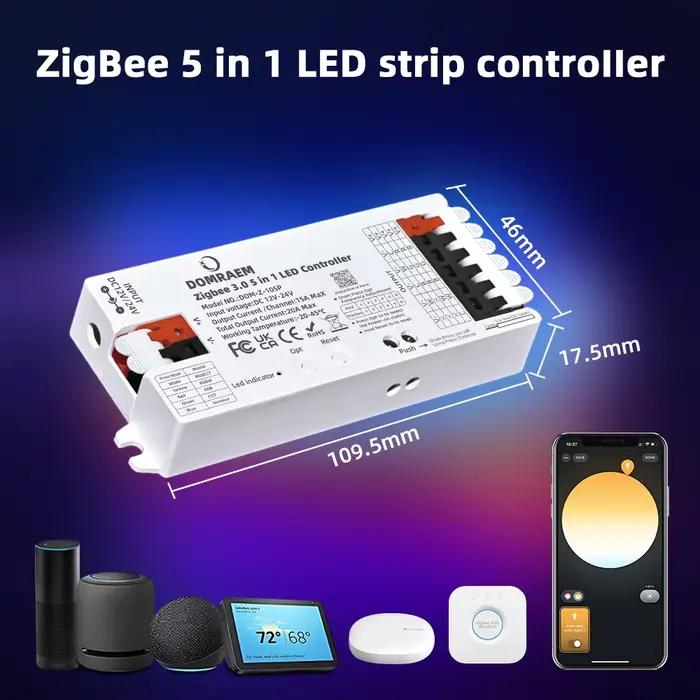 Contrôleur LED intelligent DOMRAEM Zigbee 3.0 5 en 1 DIMMER WW/CW RGB RGBWCCT pour bandes LED, compatible avec les hubs 3.0 (Hu*e/Echo Plus, etc.) )Alexa/APP
