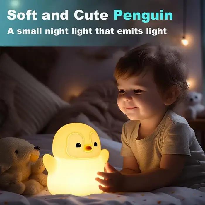 Veilleuse pingouin, lampe de pépinière en silicone spongieux sur le thème des animaux avec synchronisation de gradation, veilleuse de chevet rechargeable par USB