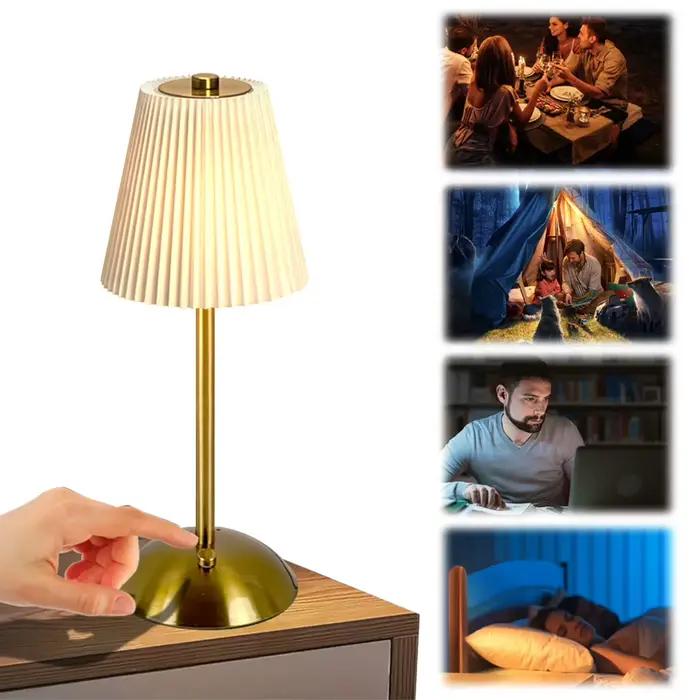 Lampe de Table sans fil, lumière de couchage à intensité variable, Rechargeable par USB, lampe de bureau Portable en métal avec abat-jour plissé pour chambre à coucher et étude
