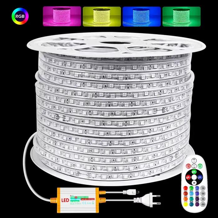 Bande lumineuse LED RGB dimmable 220V, étanche, 10M 30M 50M, ruban LED flexible RGB 5050, éclairage LED extérieur 1500W, prise EU