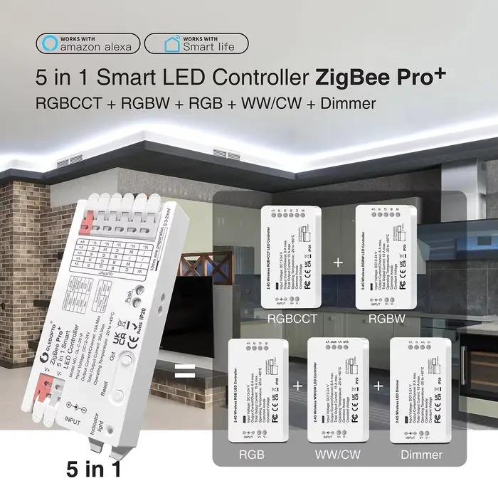 ZigBee3.0 Pro + 12V 24V 5 en 1 contrôleur de bande LED intelligent Max 20A couleur unique/CCT/RGB/RGBW/RGBCCT Tuya commande vocale GL-C-201P
