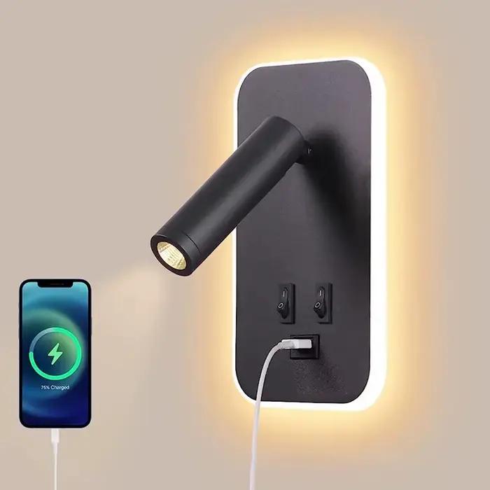 Applique murale nordique moderne à LED avec prise USB rechargeable pour salon chambre à coucher ou lecture