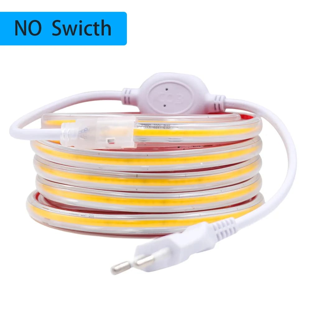 Bande lumineuse LED COB 220V avec interrupteur adhésif, Kit de prise d'alimentation ue, ruban LED Fl