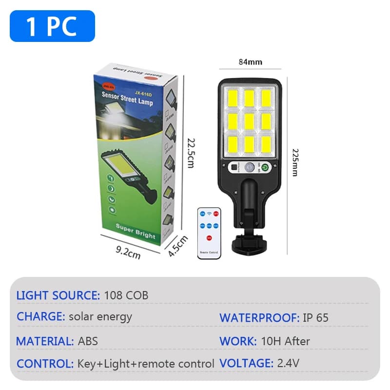 Lampe solaire murale extérieure sans fil 108COB, étanche, avec détecteur de mouvement, 3 modes, pour