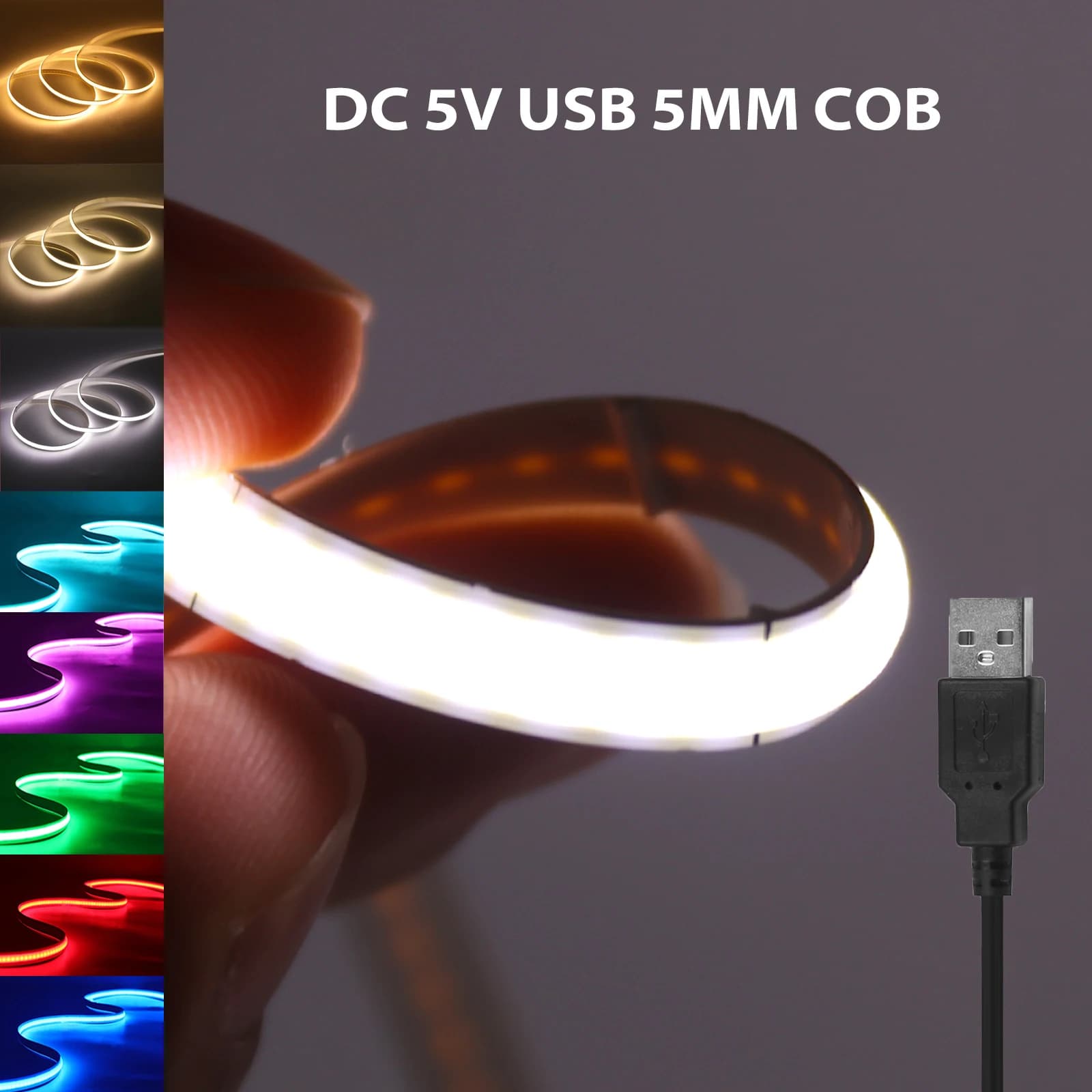 Bande LED COB USB ultra-fine de 5 mm, 5 V, 320 LED/m, rouge/vert/bleu/rose, ruban LED dimmable pour 