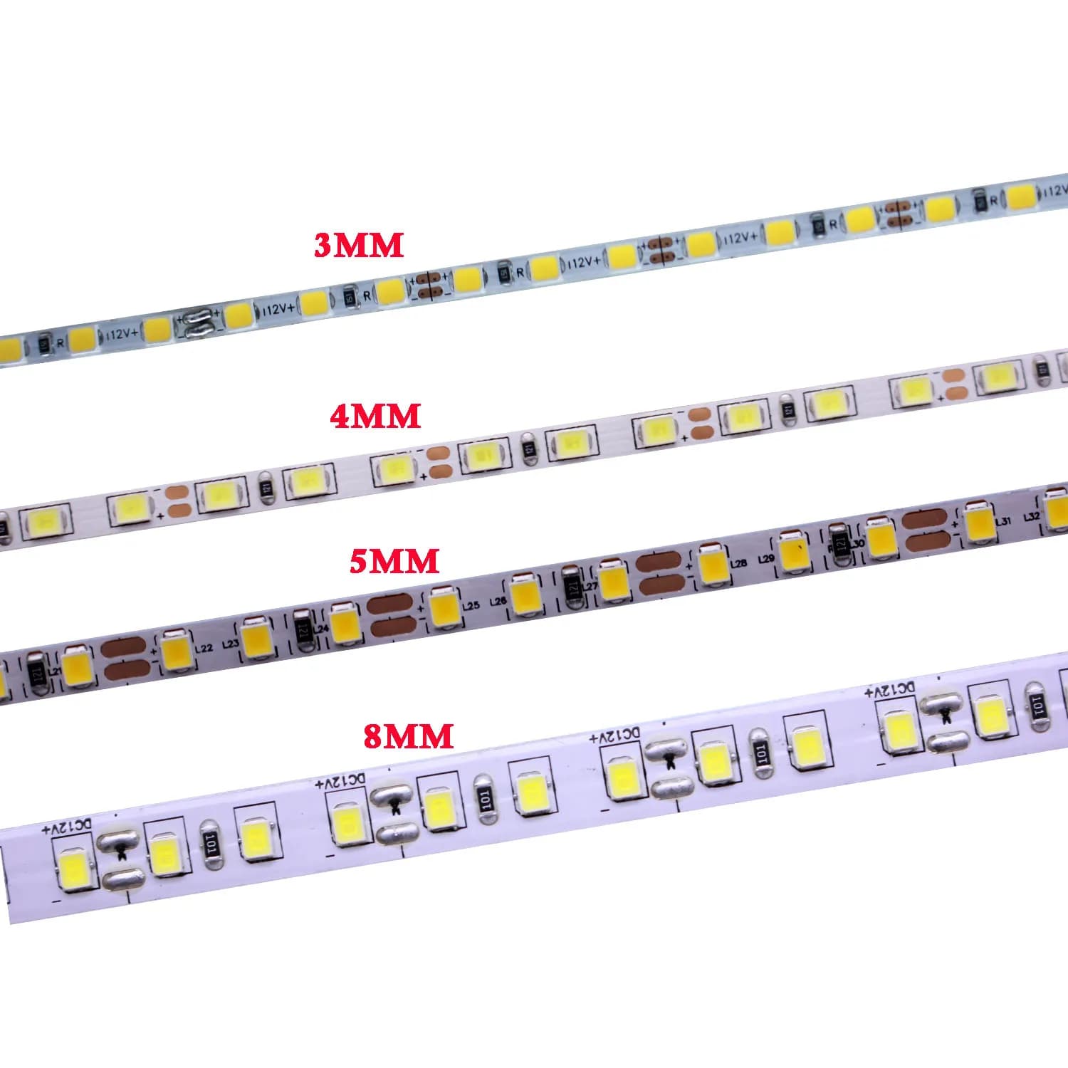 Bande lumineuse LED à largeur étroite de 3mm, 5M, DC12V 2835, 180 diodes/m, 4mm, 2835, 120 diodes, c