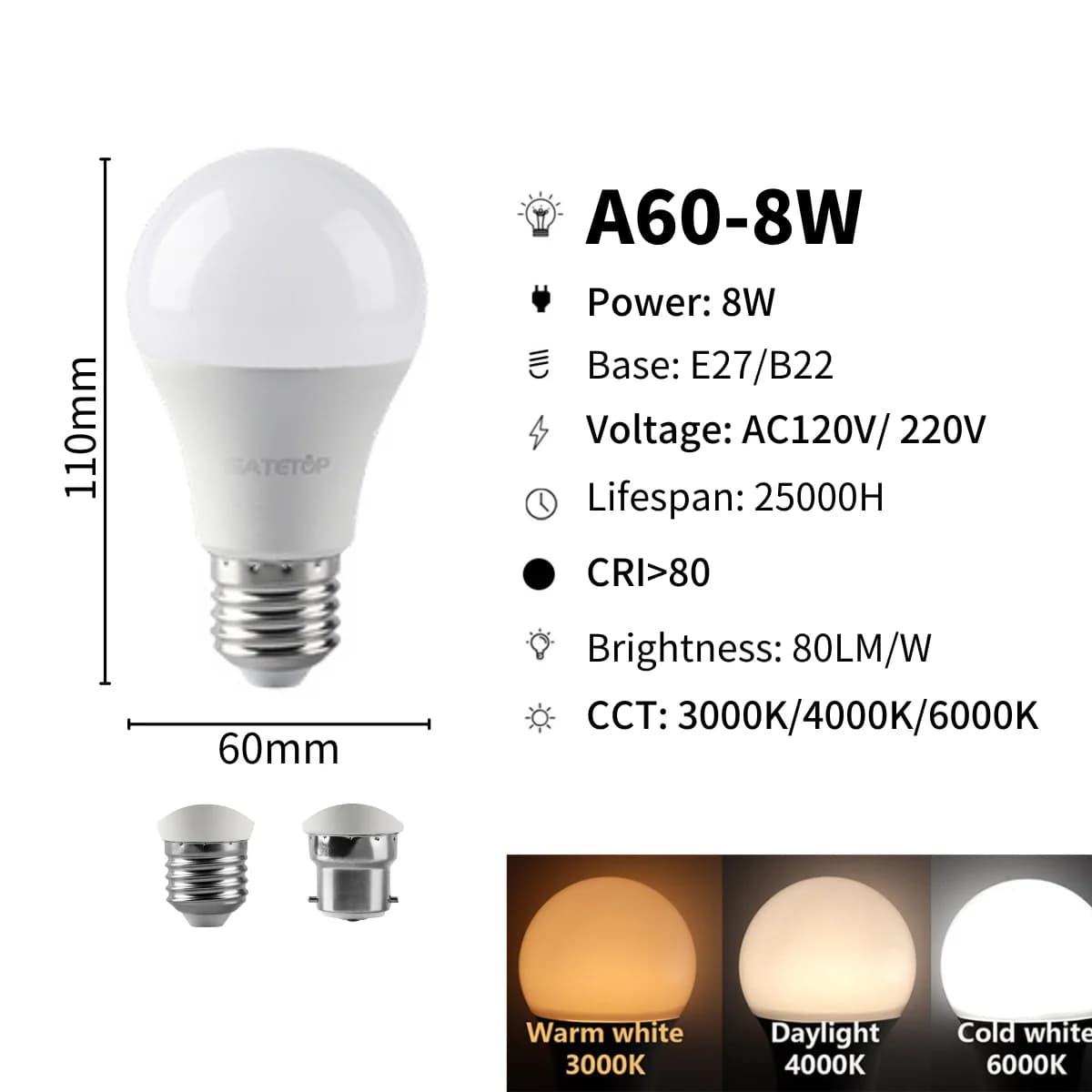 Paquet de 6 ampoules LED série A 8W 9W 10W 12W 15W 18W 20W 24W AC110/220V E27/B22 Base 3000/4000/600