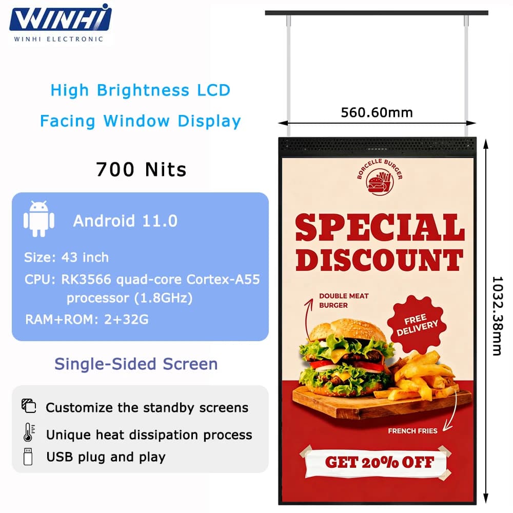 Écran LCD ultra-plat suspendu de 43, 55, 65 pouces, lisible en plein soleil, pour affichage de vitri