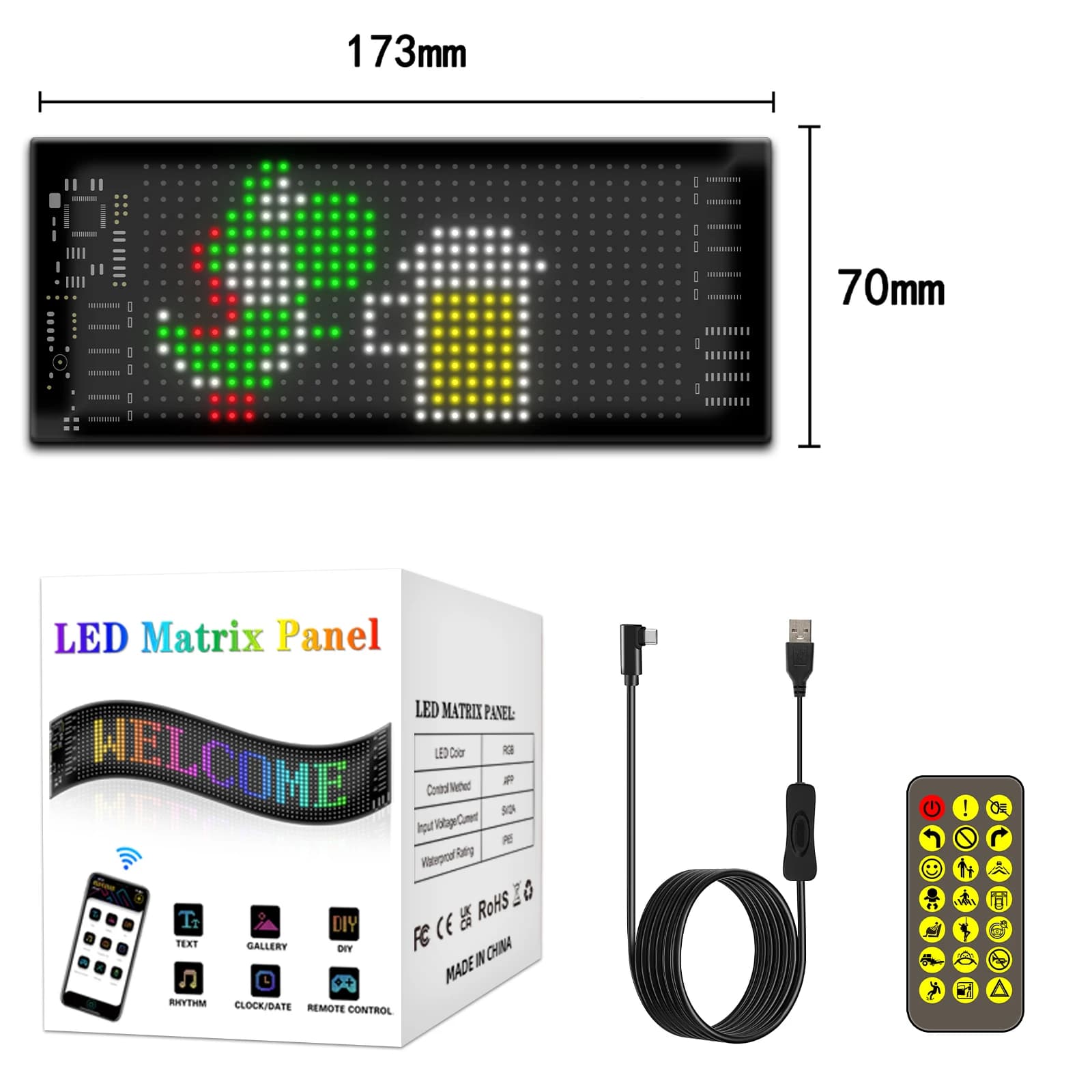 Panneau LED publicitaire défilant, contrôle par application, yeux Led pour camion, USB, motif de tex