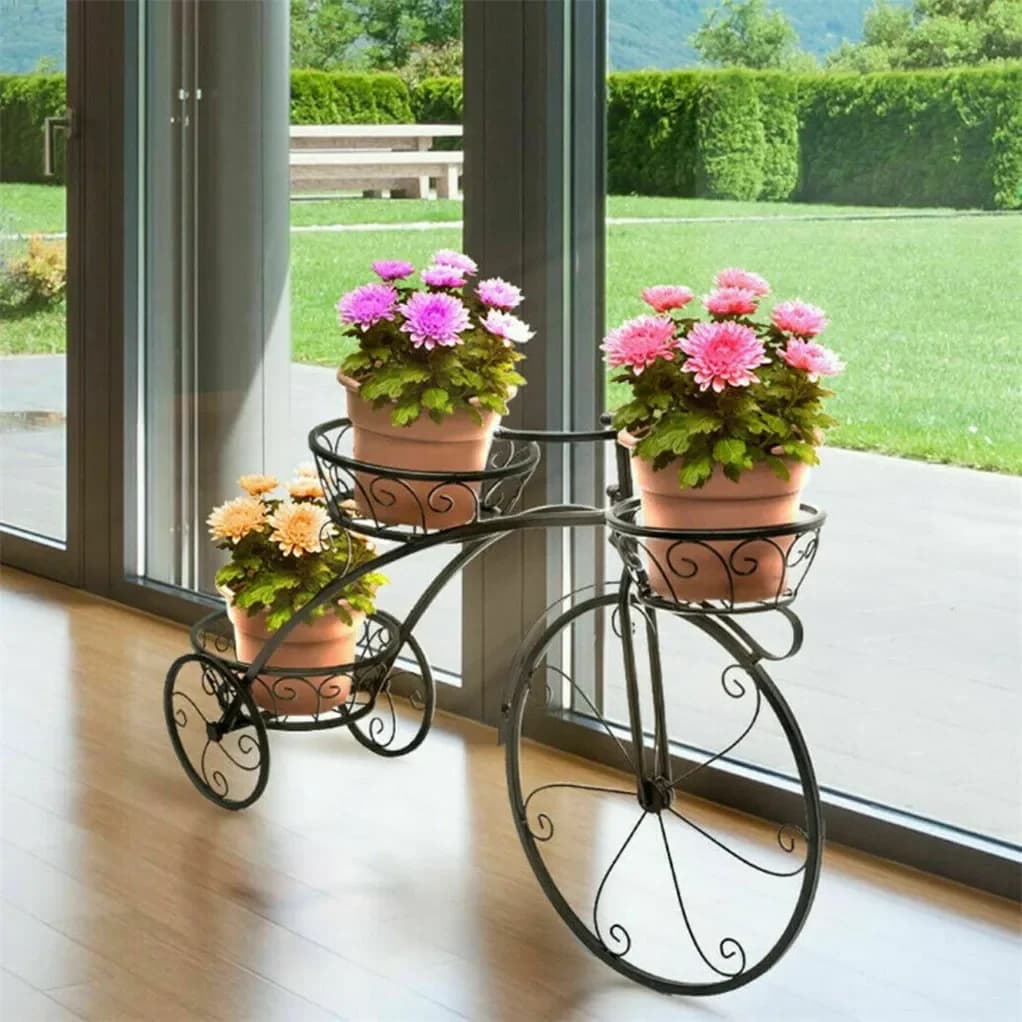 Tricycle en fer forgé à 3 niveaux, support de plante pour bicyclette, jardinière pour jardin de mais