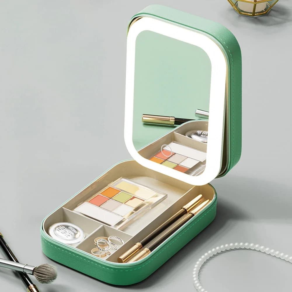 Boîte de rangement de maquillage miroir LED, étui de maquillage de voyage Portable, sac à cosmétique