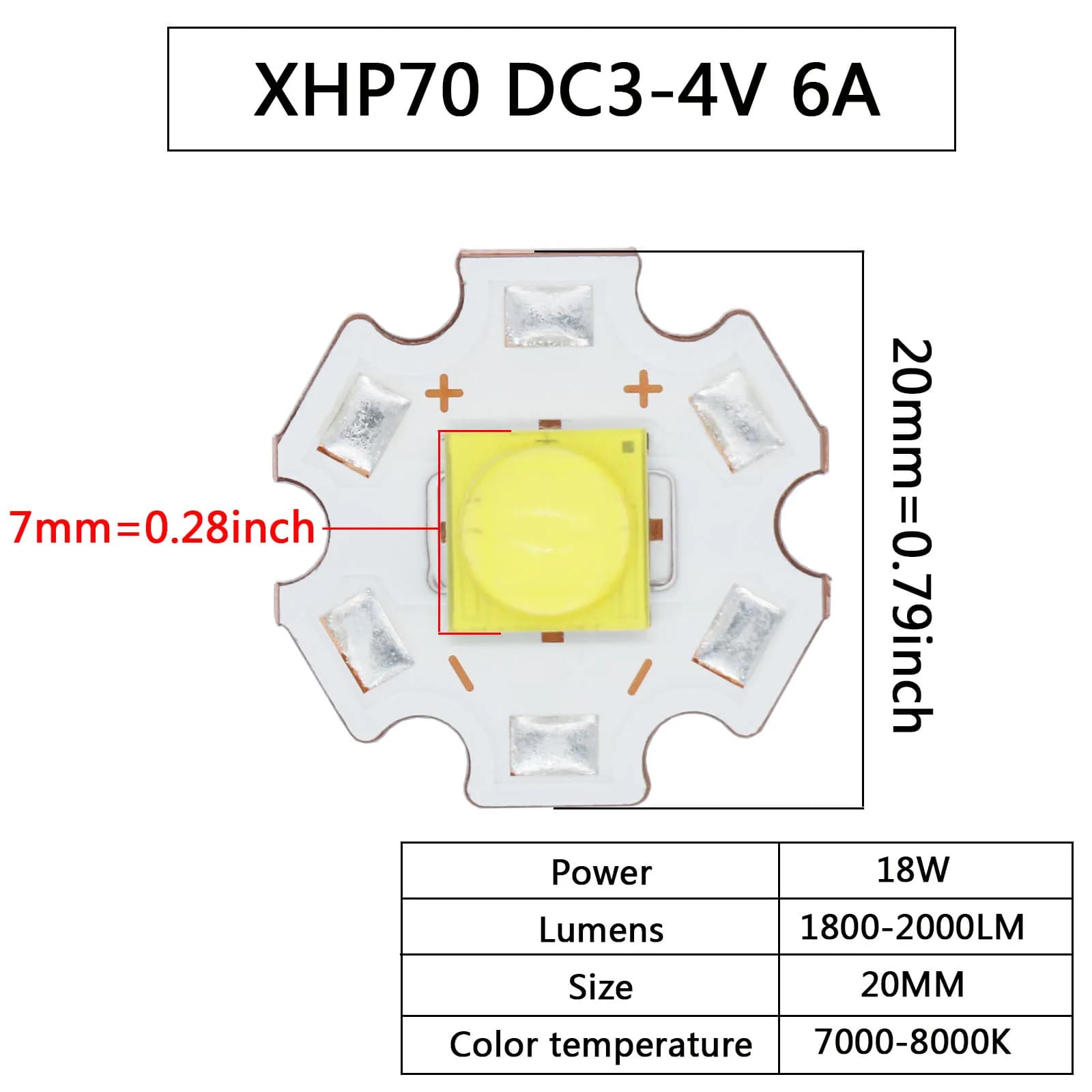 Perles LED haute puissance 18W lumière DC3-4V DC6-7V 3A 6A XHP70 puce LED blanche froide lampe COB b