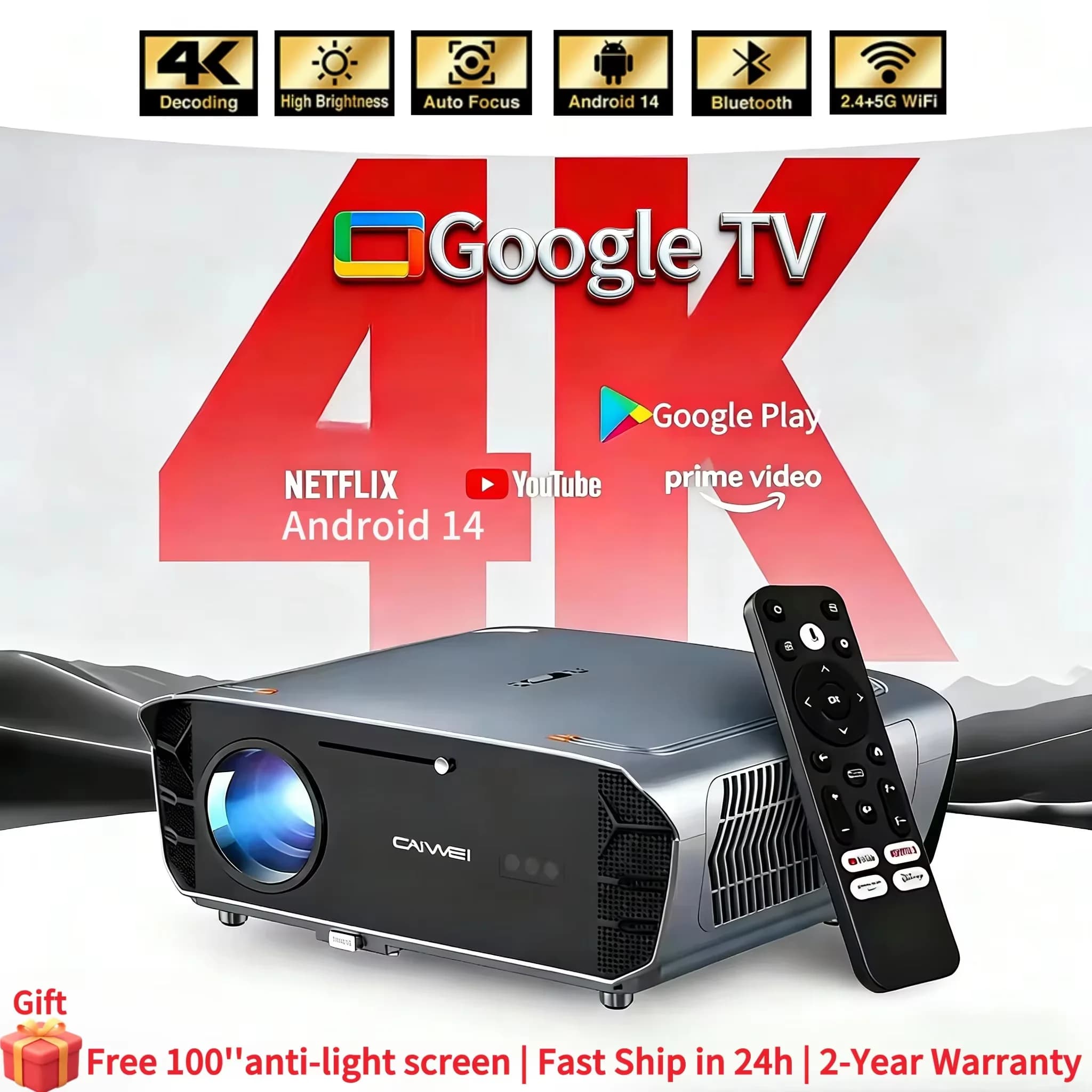 Vidéoprojecteur 4K UHD 4000 ANSI officiel Netflix Google TV, projecteur de jour, résolution native 1