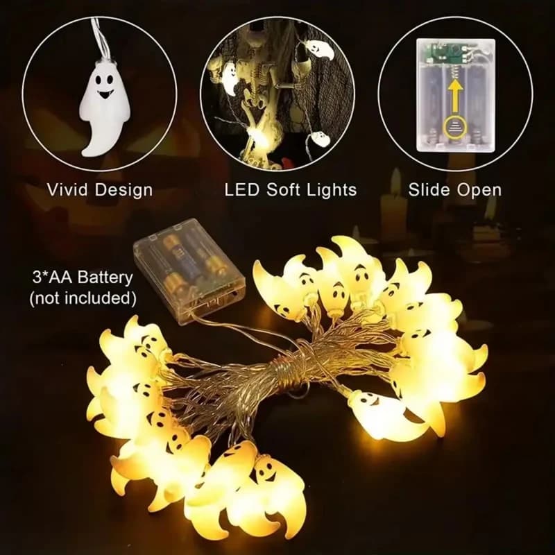 Guirlande lumineuse LED en forme de fantôme pour Halloween, fonctionnant à piles, éclairage effrayan