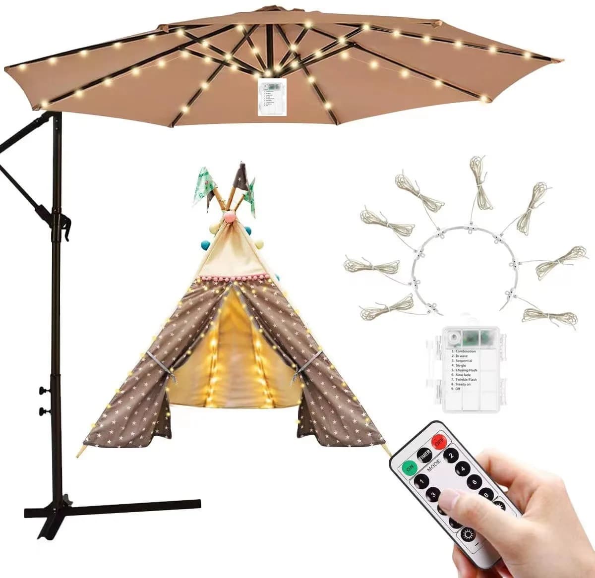 Guirlande lumineuse parapluie à 104 LED, avec 8 Modes, lampe solaire étanche pour éclairage extérieu