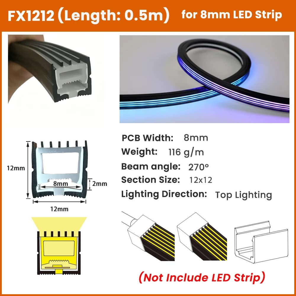 Diffuseur de bande LED en silicone, protection pour tube néon, flexible, anti-éblouissement, 12x12,