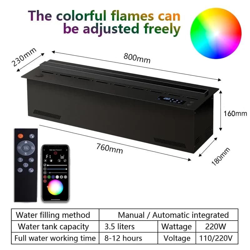 Cheminée électrique LED, flamme 3D, vapeur d'eau, cheminée à vapeur, remplissage et vidange automati