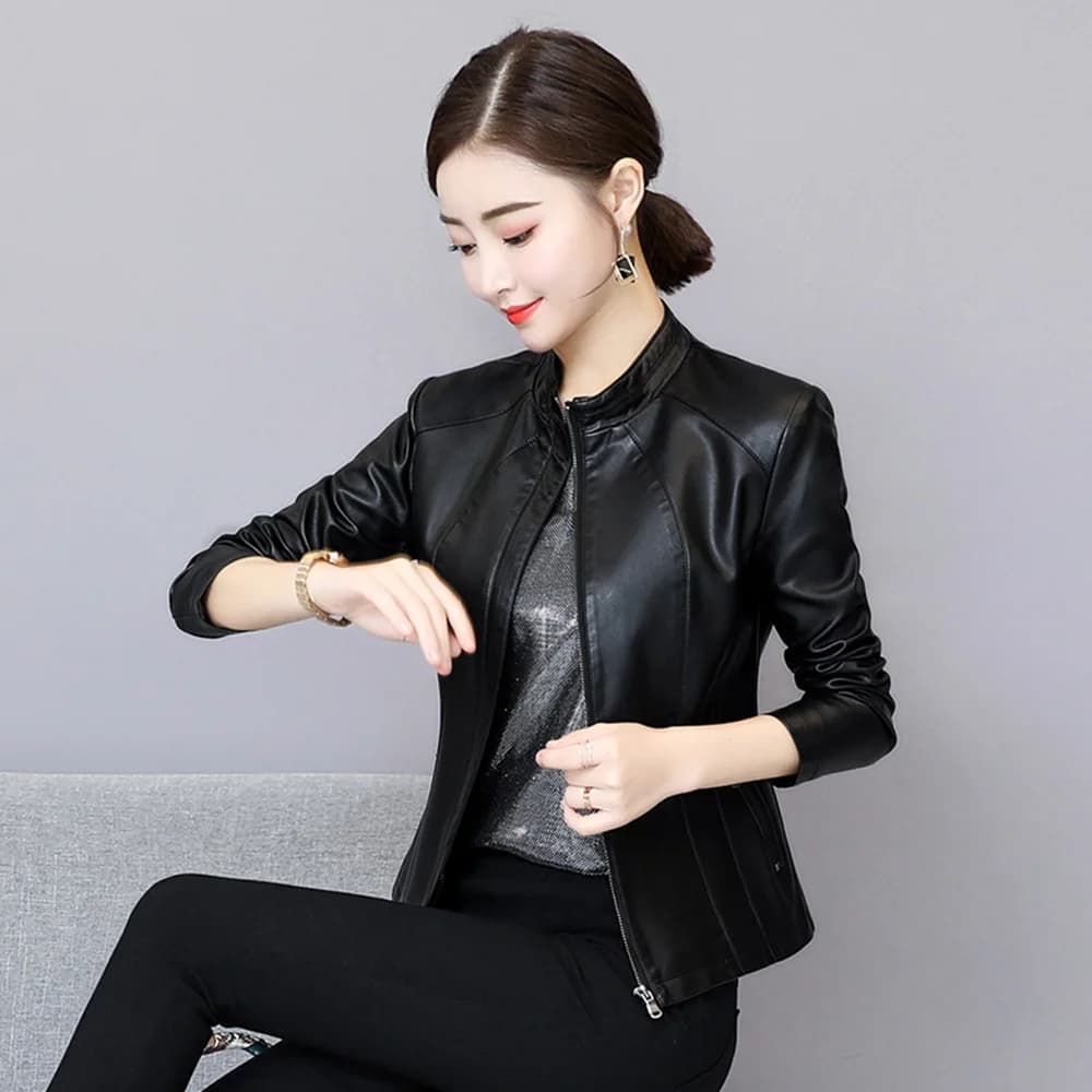 Nouveau Femmes Veste en cuir Automne Hiver Mode Col droit Manches longues Court Manteau en peau de m