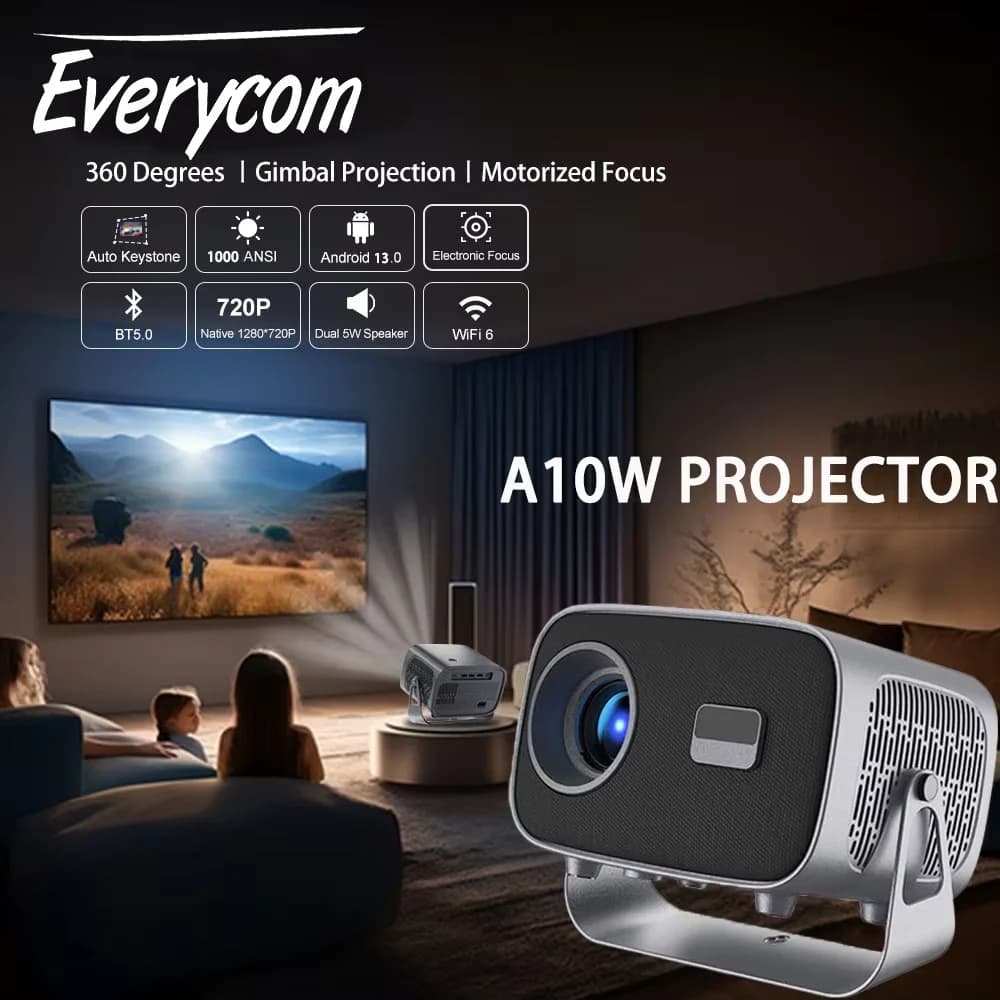 Projecteur Everycom A10W 1000 Lumens ANSI Android 13.0 WIFI BT Affichage HD Haute Luminosité Project