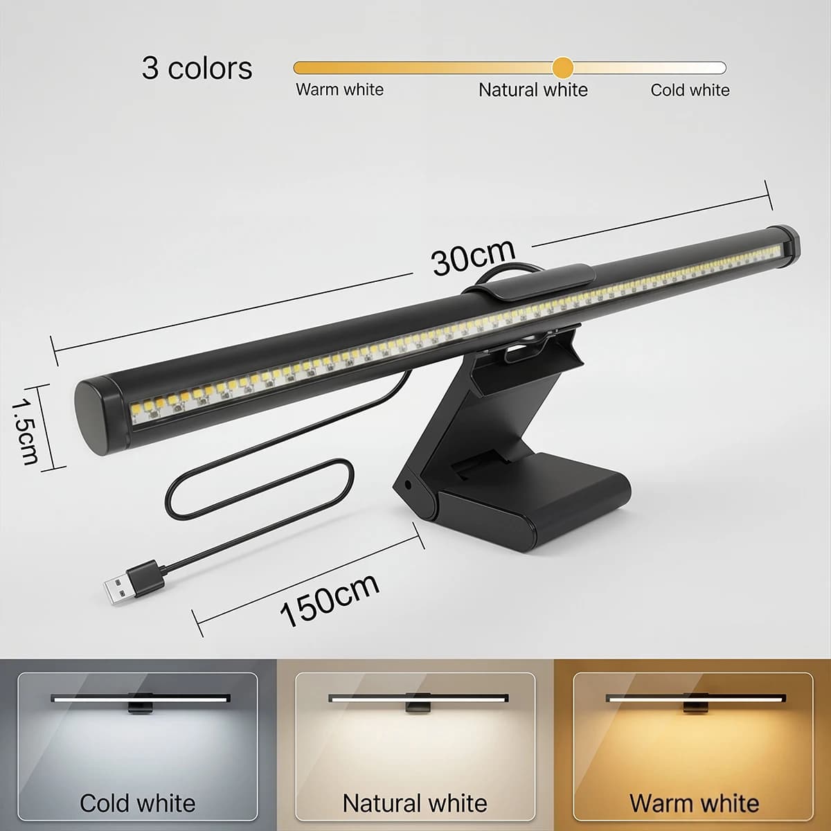 Barre lumineuse LED 30 cm pour moniteur, éclairage d'arrière-plan PC, protection oculaire, alimentat