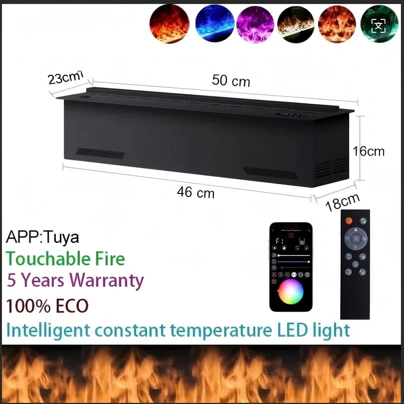 Cheminée électrique encastrée à vapeur d'eau avec flamme atomisée et commande tactile, 7 couleurs et