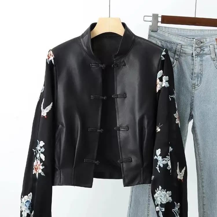 Veste en cuir PU pour femmes, haut de gamme, broderie Vintage, Patchwork, manteau en cuir PU, manche