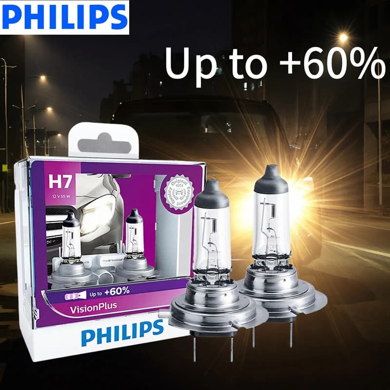 Phares de voiture halogènes Philips H7 VisionPlus 12V 55W PX26d VP +60% de luminosité supplémentaire