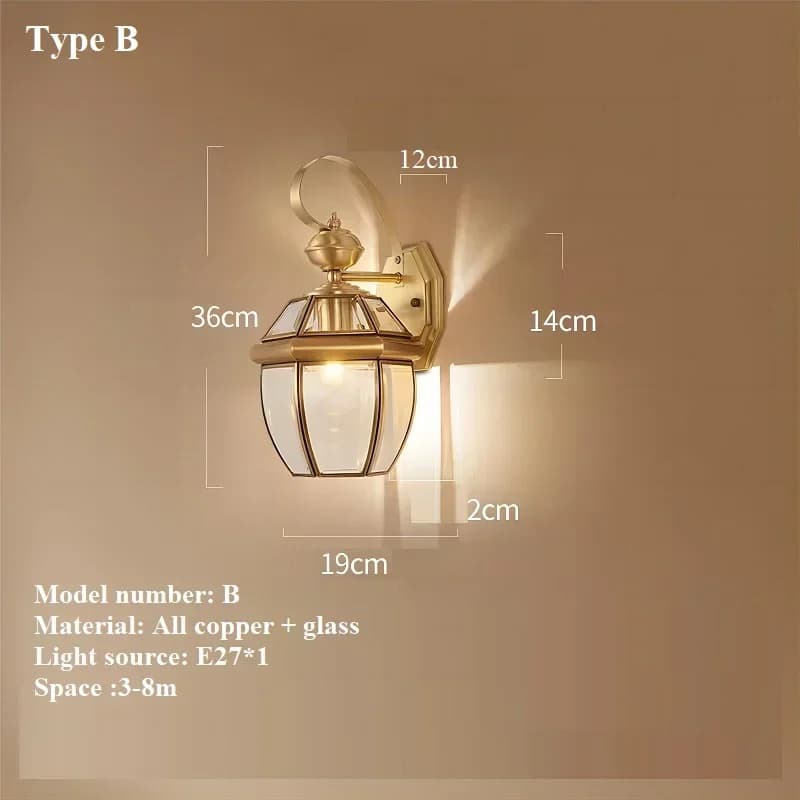 Applique Murale LED Extérieure en Cuivre, Moderne, Européen, Étanche, Laiton, Porche, Villa, Cour, d