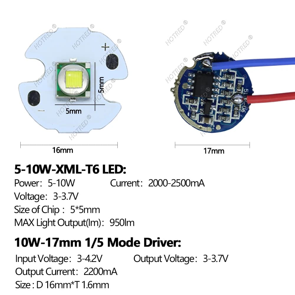 Puce LED 10W XLM T6 XML2 5050-L2 XPL HI, Diode de perles blanches froides + torche, pilote de couran