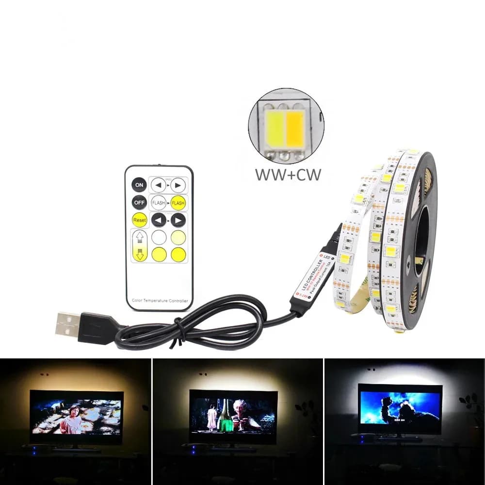 CCT LED bande lumières 5V USB Dimmable 30LED s/m SMD5050 CW WW double ruban Flexible blanc RF téléco