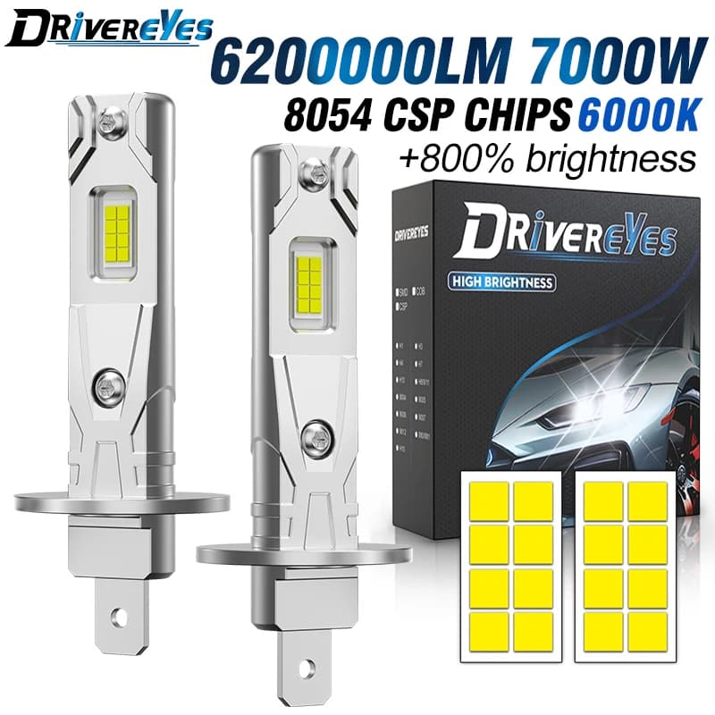 Ampoule de phare LED H1 6200000LM 7000W sans ventilateur, feu antibrouillard automatique 6500K 12V,