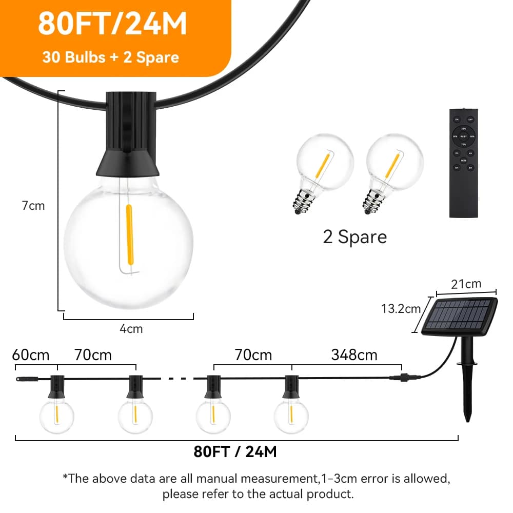 Guirlande lumineuse solaire G40, lumières féériques solaires d'extérieur, lumières de patio étanches