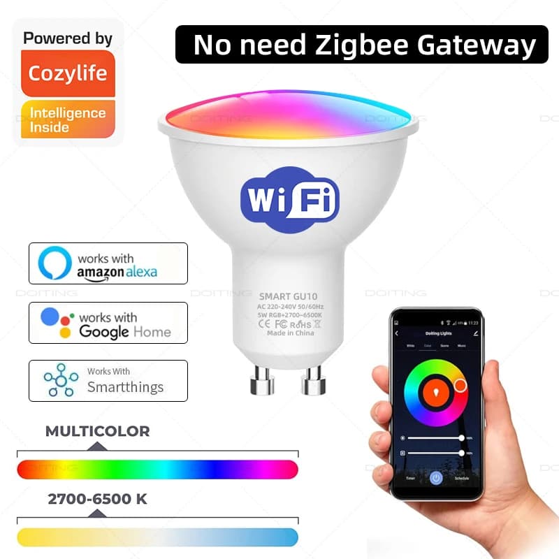 Ampoules LED Zigbee GU10, Lampe LED Intelligente Wifi RGBCW, Spots avec Alexa Google SmartThings, 11