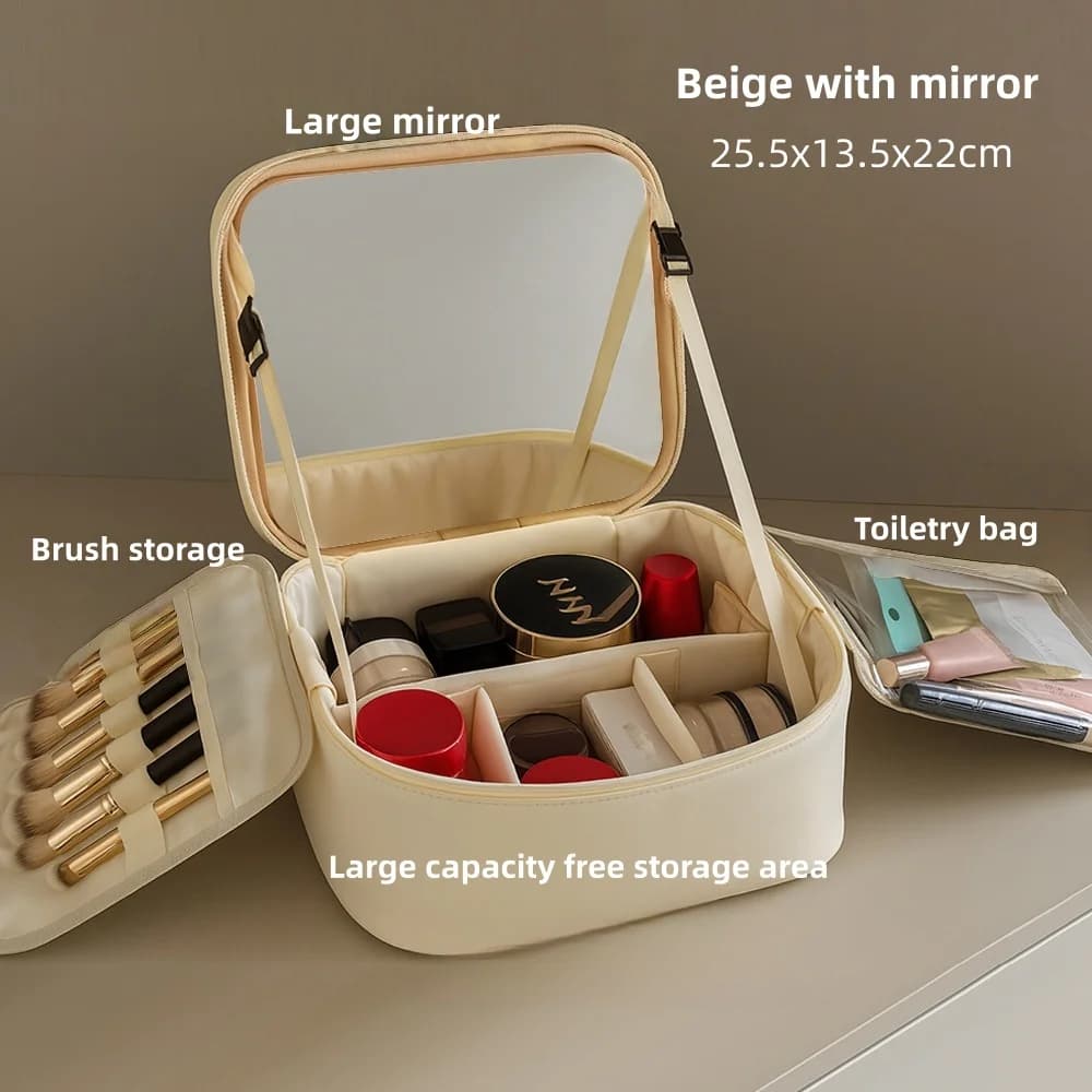 Trousse de maquillage avec miroir LED, grande capacité, Portable de voyage, avec sac de rangement de