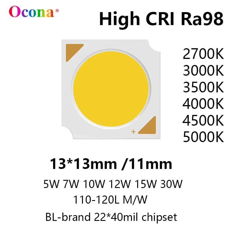 Puce LED COB CRI Ra98, tableau 020 SDCM3, 13x13mm, 3W, 5W, 10W, 15W, 18W, 30W, puces blanches chaude