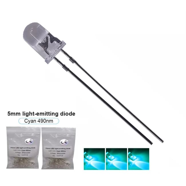 5mm 2pin Cyan Ice Blue 480nm 490nm DIP LED diode électroluminescente haute DC3.2-3.4V Shoous 20mA po