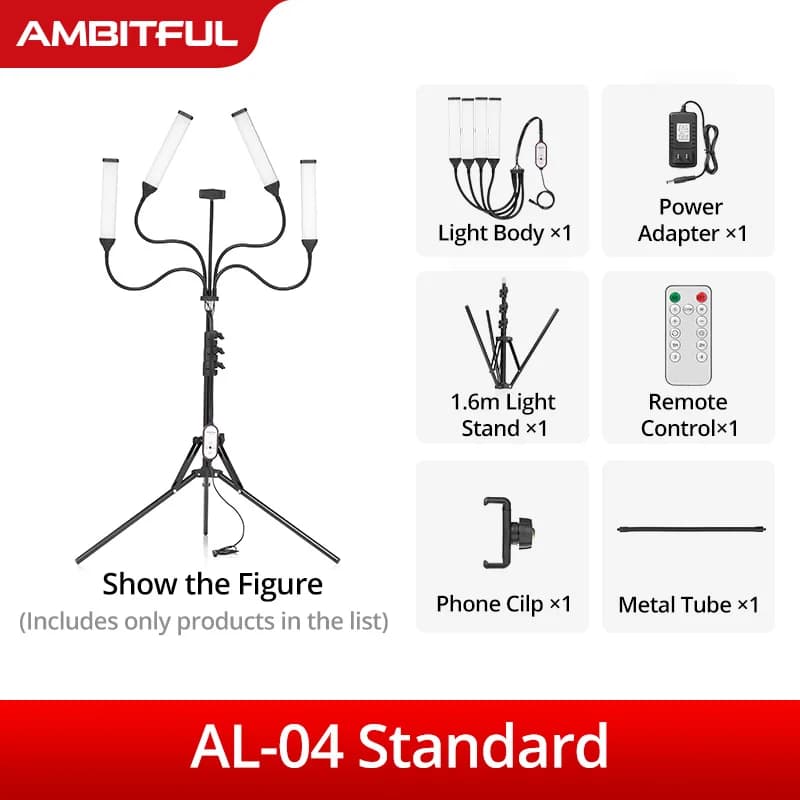 AMBITFUL AL-04 30W quatre bras LED lumière de remplissage lumière vidéo Flexible 2800K-5600K avec su