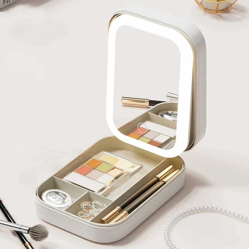 Boîte de rangement de maquillage miroir LED, boîte de rangement de cosmétiques, sac de maquillage de