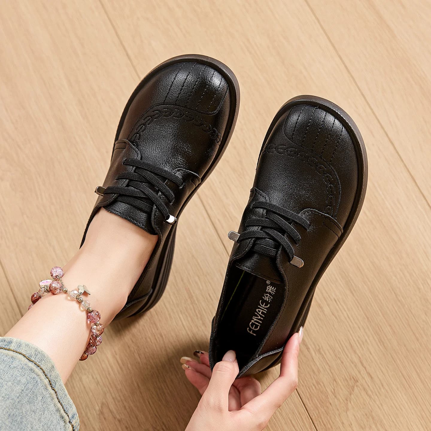 Chaussures Oxford à plateforme en cuir véritable pour femmes, chaussures plates décontractées à lace