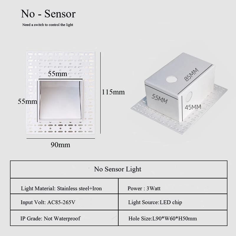 Lampe murale invisible intelligente avec détecteur de mouvement PIR, sans cadre, 3W LED, pour escali