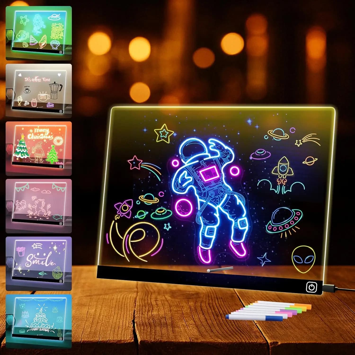 Tableau de dessin LED de 14 pouces pour enfants, tableau effaçable à sec de 7 couleurs avec support,