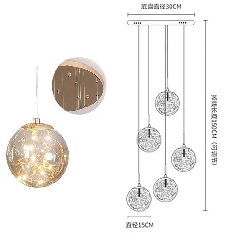 Lustre en verre LED de luxe pour escalier boule ronde minimaliste longues lampes suspendues or Art c